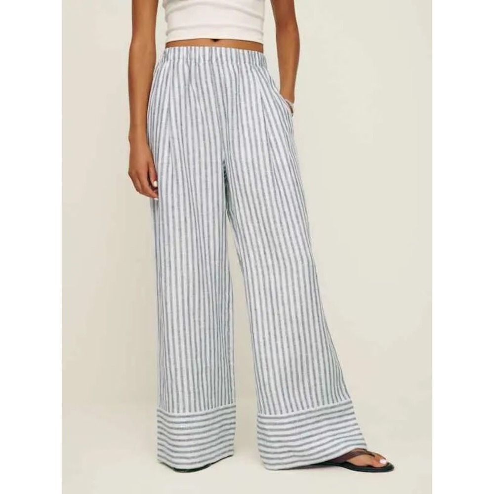 Reformation Vania Pants Blue White Striped Linen Wide Leg Elastic Waist M